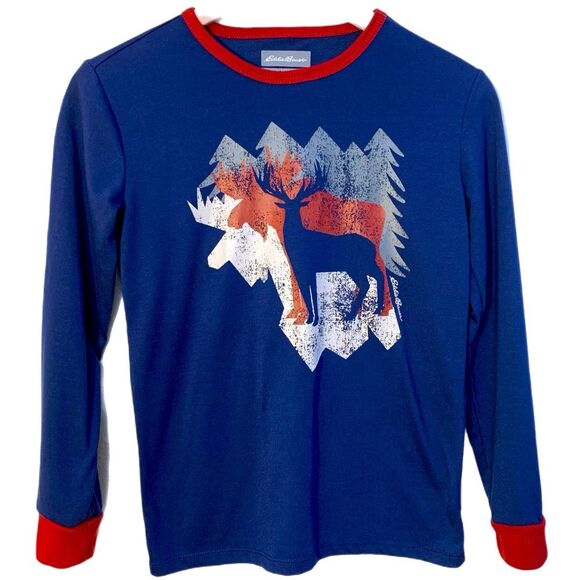 EDDIE BAUER Pajama Top Boys M 10/12 Blue Rust Buck Graphic Long Sleeve T-Shirt. - Picture 1 of 10